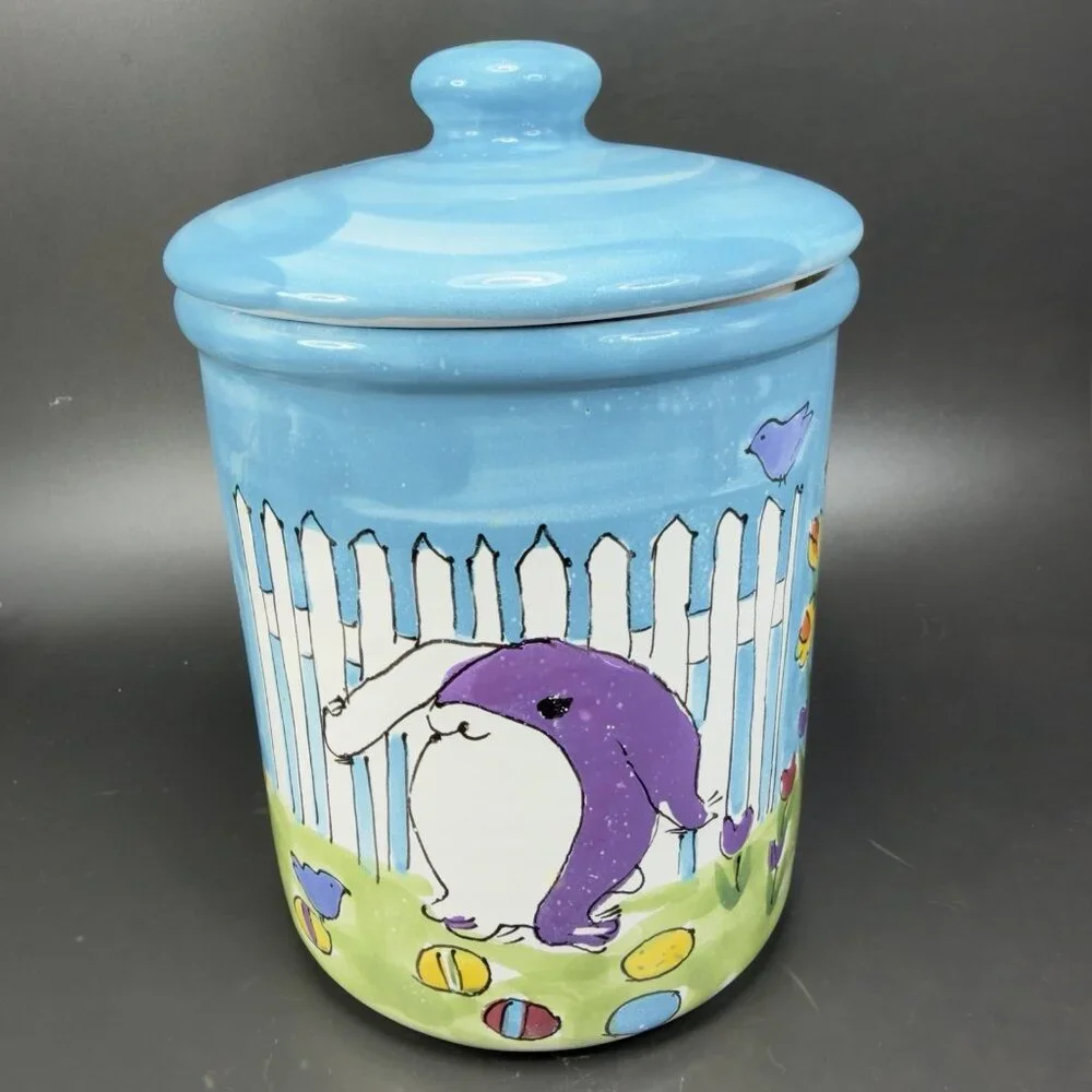 Starbucks Canister Cookie Jar Container Hand Painted Hungary Bunny Rabbit Flower - Picture 15 of 15